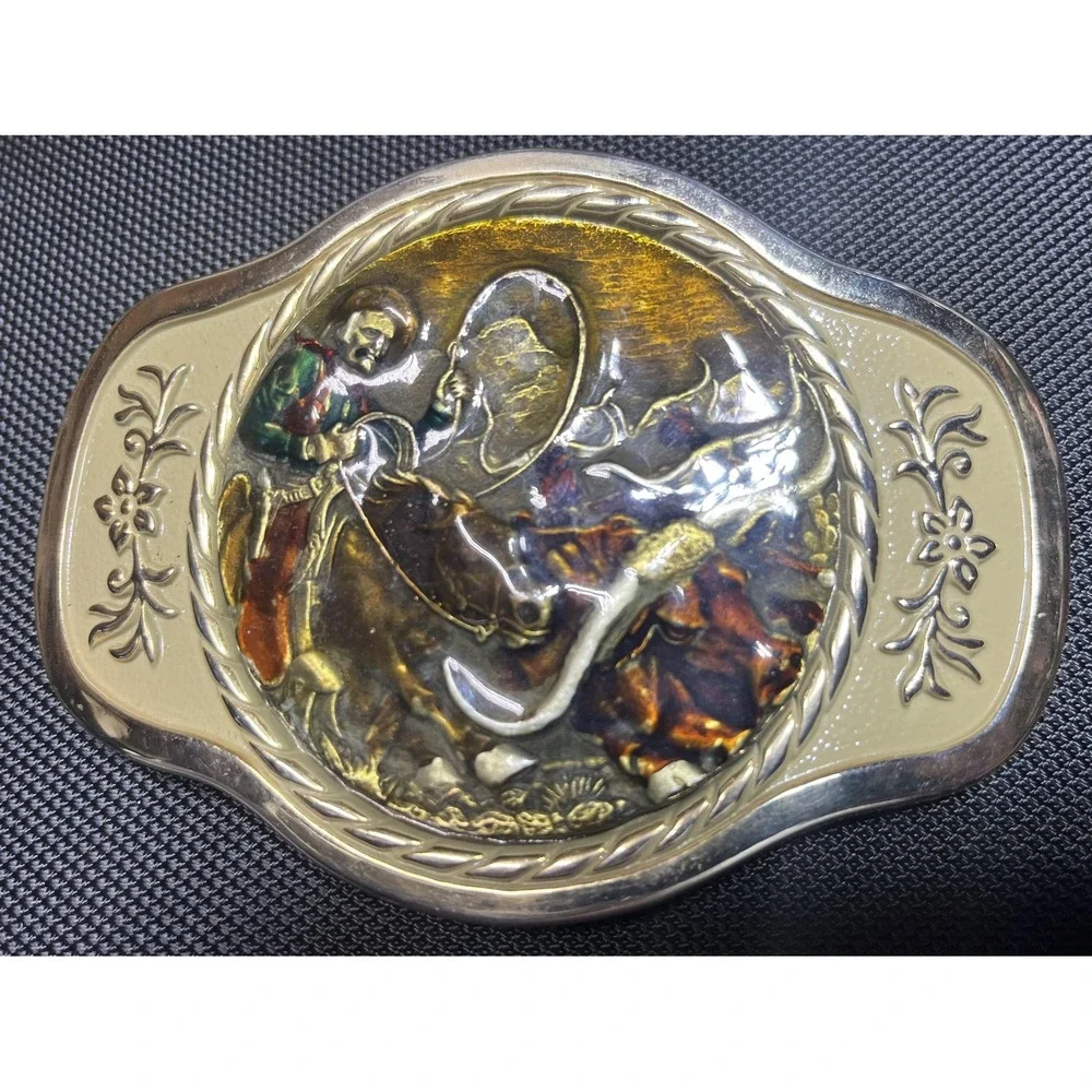 MBCI Belt Buckle Mens Gold Tone Western‎ Cowboy Rodeo Roping Longhorn Enamel